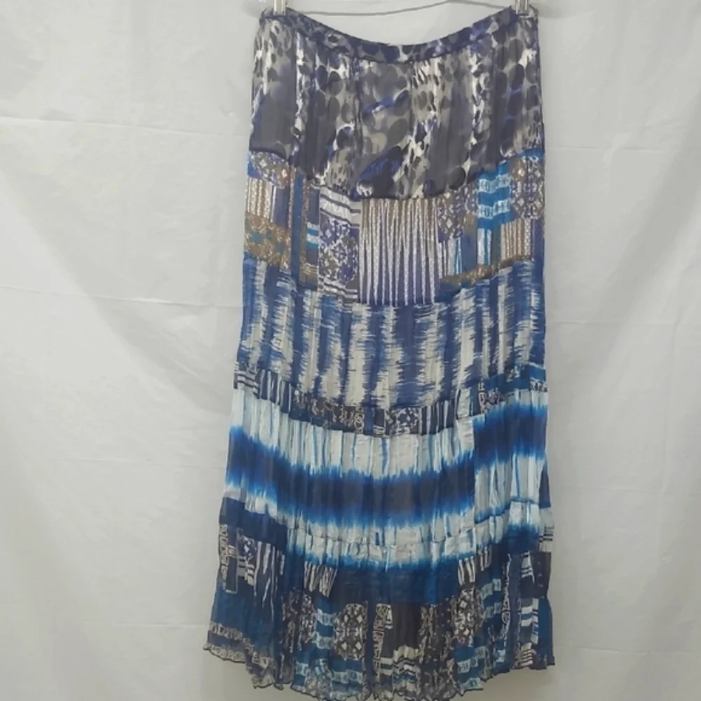 Patchwork Maxi Skirt Crinkled Chiffon Blue Brown Tiered Lined Chico’s Size 1 / 8